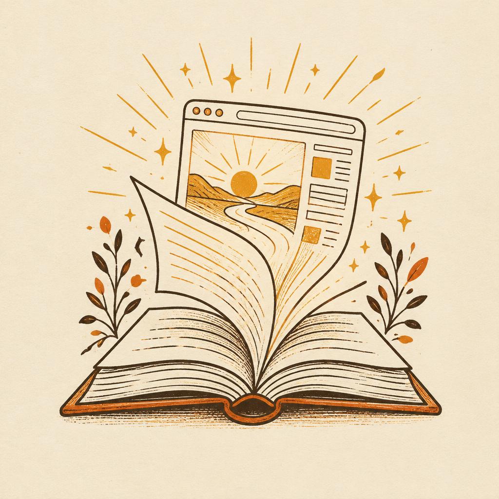 Line illustration of an open book whose pages turn into a glowing browser window